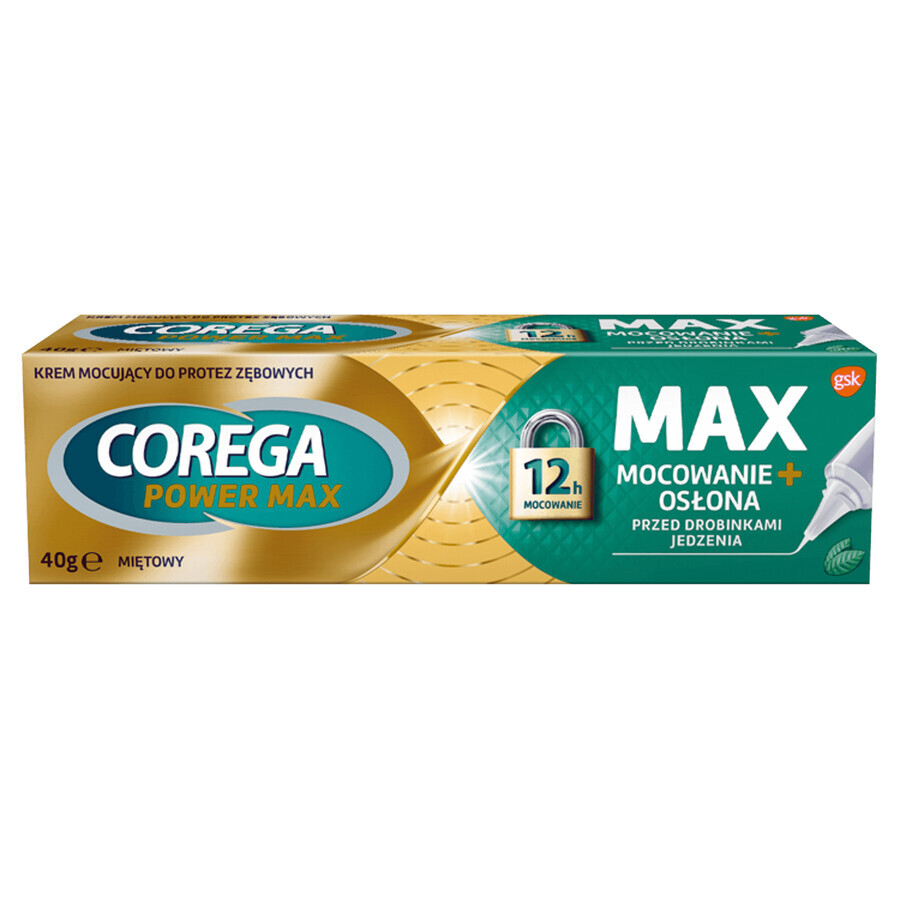 Corega Power Max Fixing + Cover, crema fijadora para dentaduras postizas, menta, 40 g