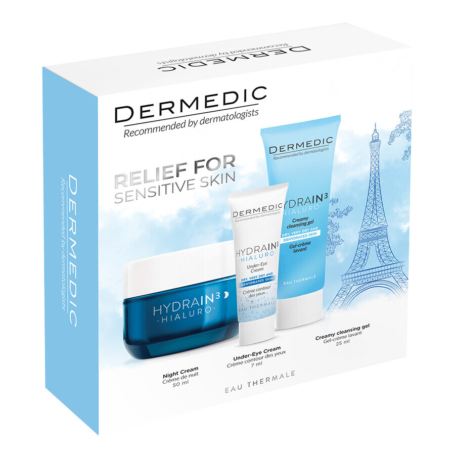 Kit Dermedic Hydrain 3 Hialuro, cremă de noapte, 50 ml + gel cremos de spălare a feței, 25 ml + cremă de ochi, 7 ml