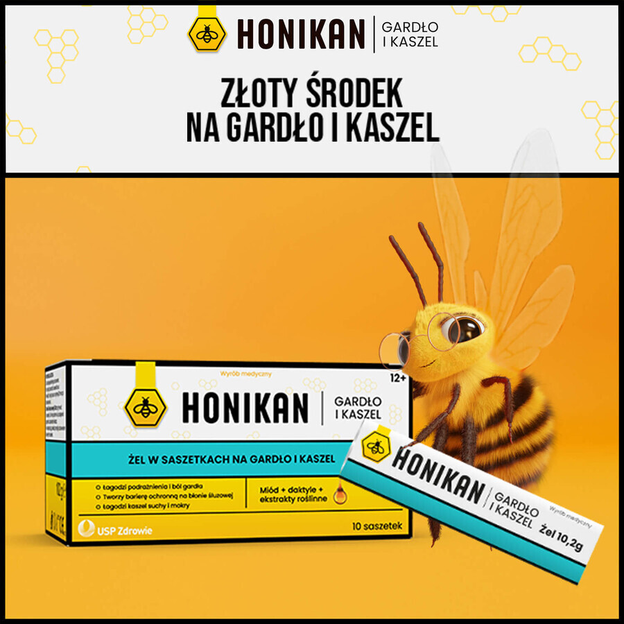 Honikan Gât și tuse, gel în pliculețe pentru copii de la 12 ani și adulți, 10 bucăți