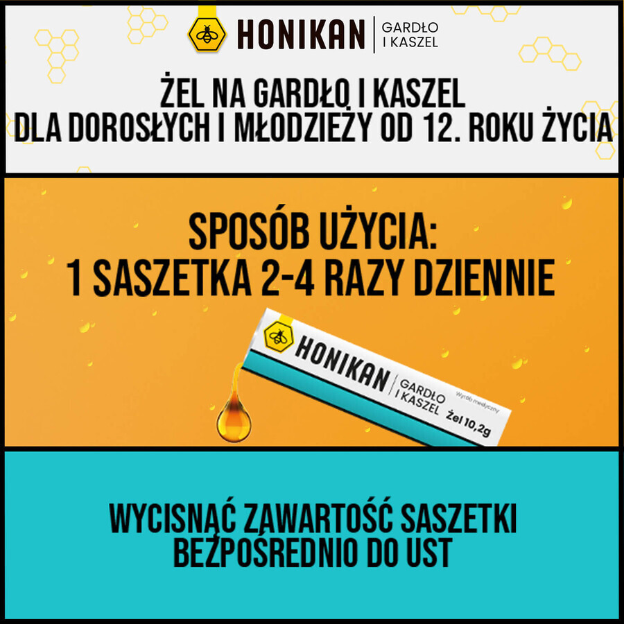 Honikan Gât și tuse, gel în pliculețe pentru copii de la 12 ani și adulți, 10 bucăți