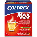 Coldrex MaxGrip 1000 mg + 10 mg + 40 mg, aromă de lămâie, 14 pliculețe