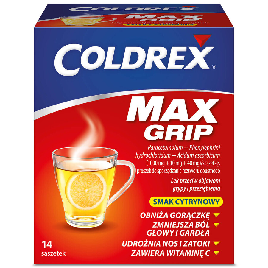 Coldrex MaxGrip 1000 mg + 10 mg + 40 mg, aromă de lămâie, 14 pliculețe