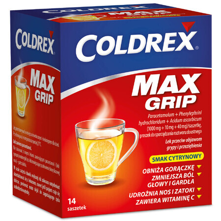 Coldrex MaxGrip 1000 mg + 10 mg + 40 mg, aromă de lămâie, 14 pliculețe