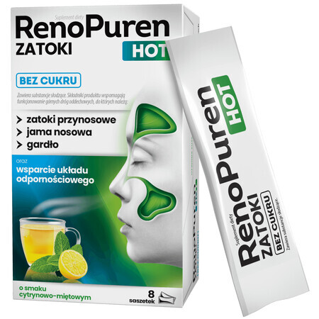 RenoPuren Zatoki Hot fără zahăr, aromă de lămâie și mentă, 8 pliculețe