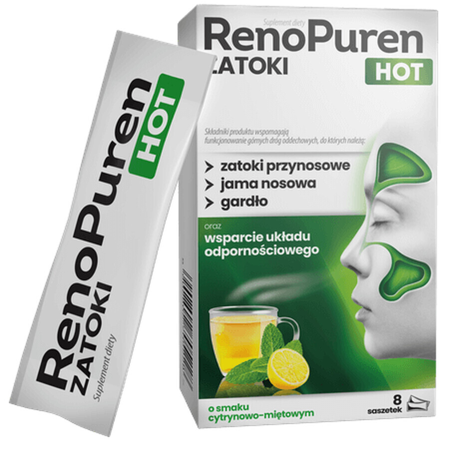 RenoPuren Zatoki Hot fără zahăr, aromă de lămâie și mentă, 8 pliculețe