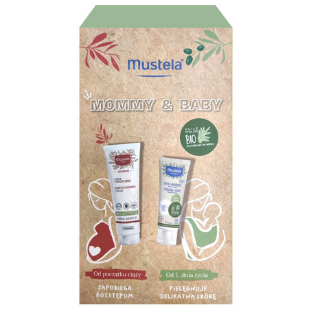 Mustela Mommy&amp;Baby set, Mustela Maternite, cremă pentru vergeturi, 250 ml + Mustela Bio, cremă hidratantă pentru față și corp, de la naștere, 40 ml