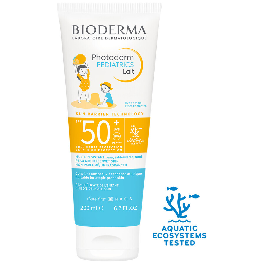 Bioderma Photoderm Pediatrics, lapte protector pentru copii, SPF 50+, de la 1 an, 200 ml.