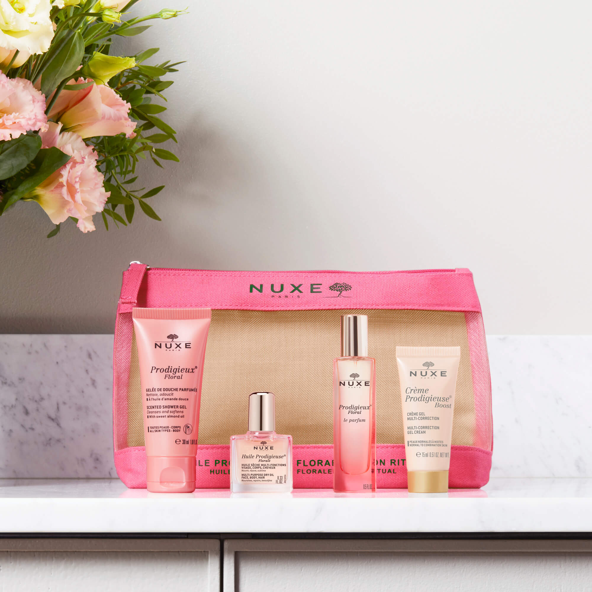 Nuxe Prodigieuse Florale Kit Cosmetic 2023, gel de duș, 30 ml + ulei uscat, 10 ml + parfum, 15 ml + gel cremă, 15 ml