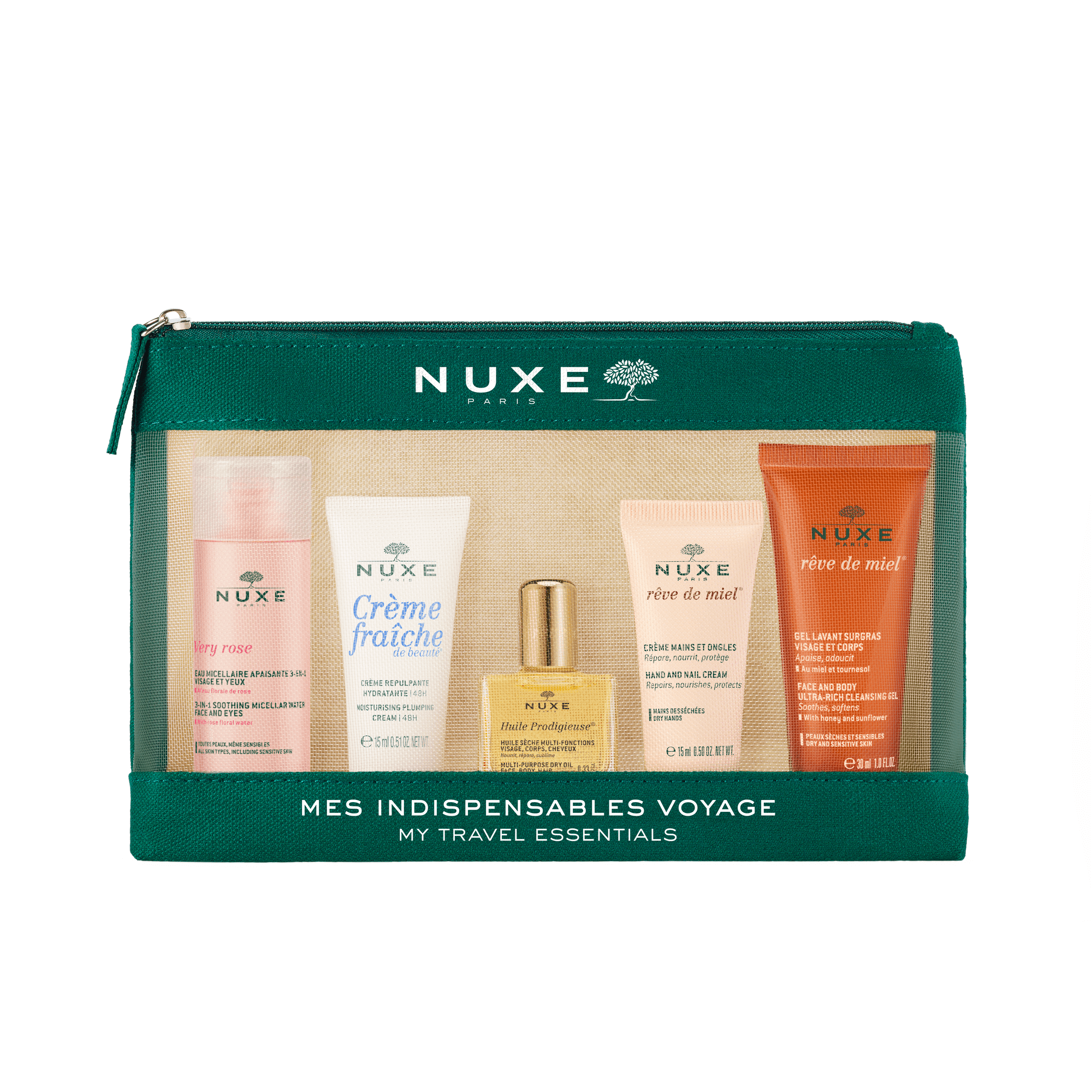 Nuxe Cosmetics Bestseller Travel Kit 2023, apă micelară, 50ml + gel de spălare pentru față și corp, 30ml + ulei uscat, 10ml + cremă hidratantă, 15ml +