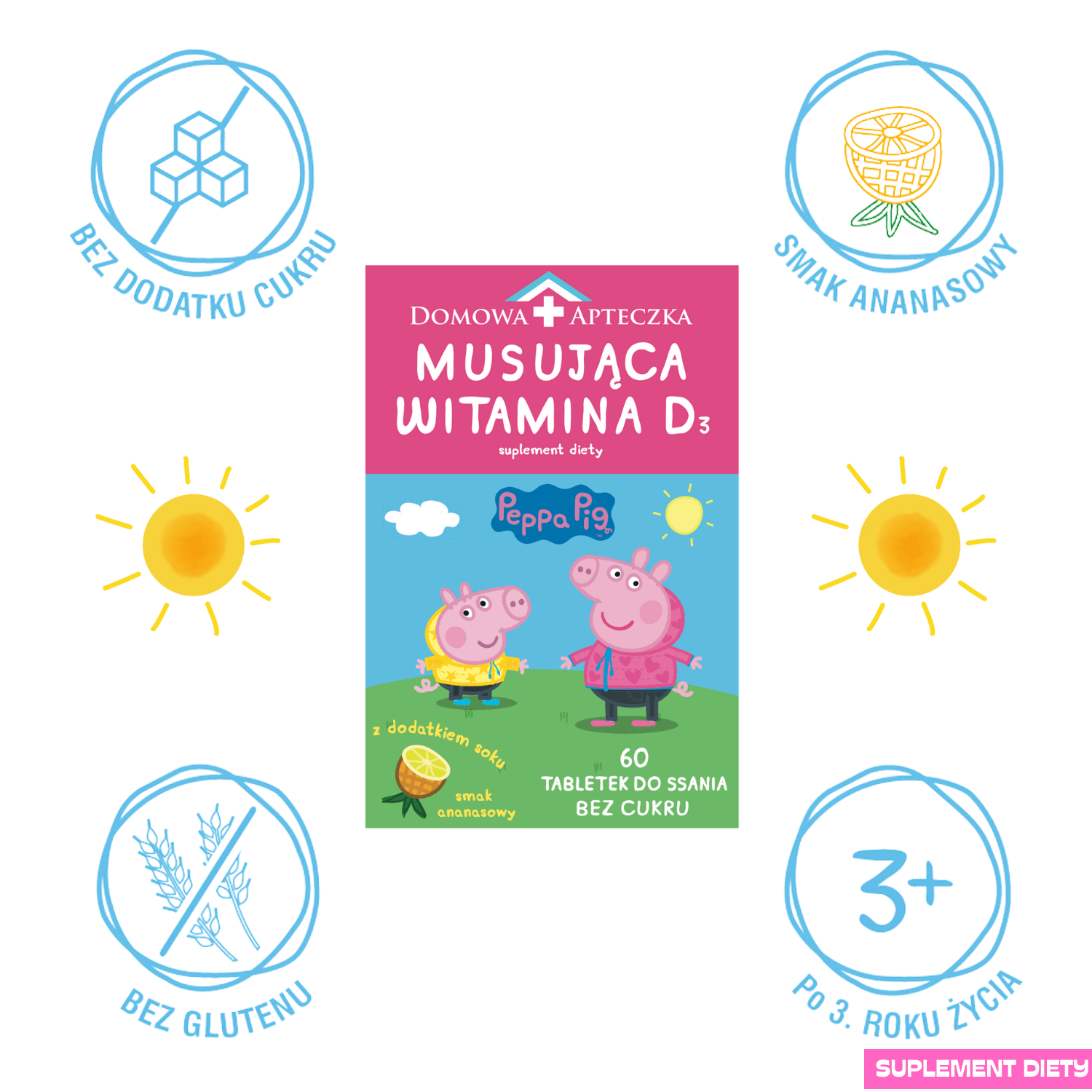 Peppa Pig Vitamina D3 efervescentă, de la 3 ani, aromă de ananas, 60 comprimate de supt