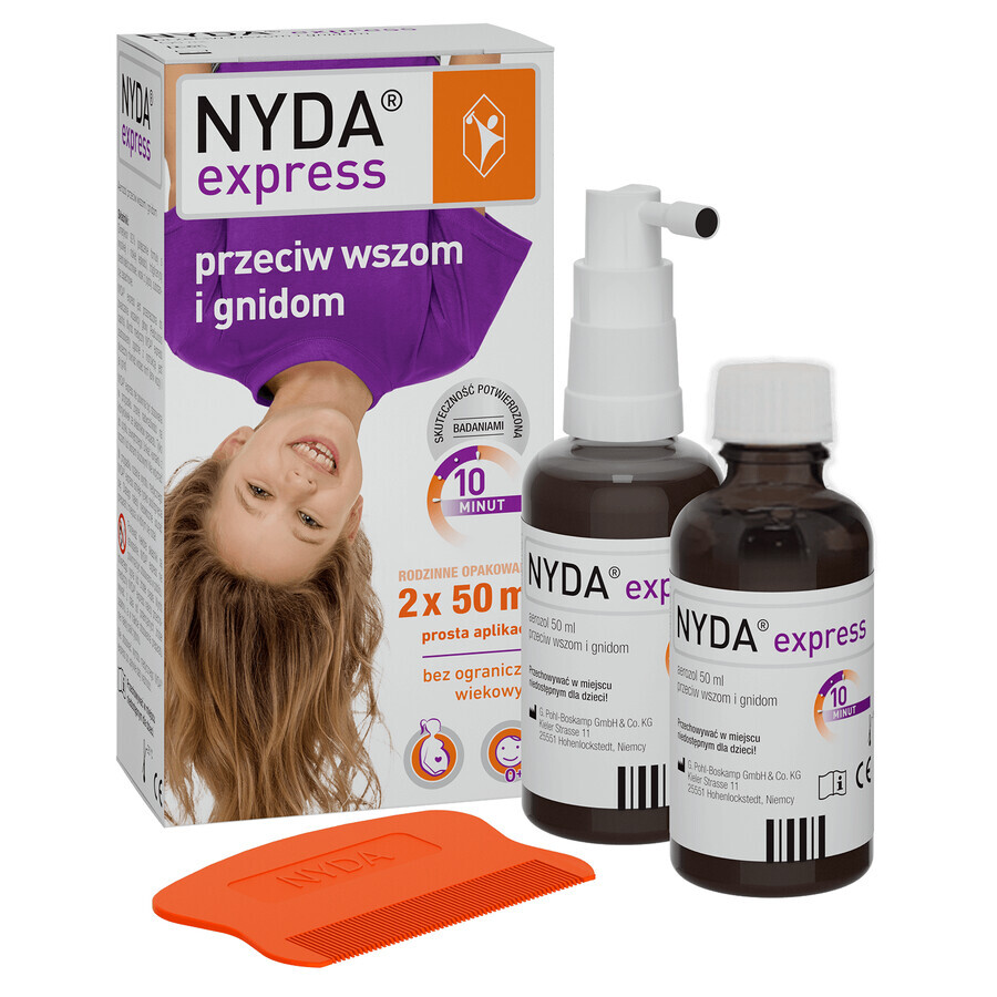 Kit Nyda Express, spray împotriva păduchilor și a lițelor, 2 x 50 ml