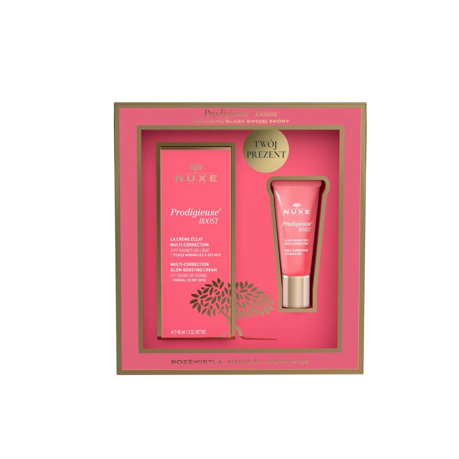 Set Nuxe Prodigieuse Boost, cremă de față iluminatoare, piele uscată, 40 ml + balsam gel pentru ochi, 15 ml