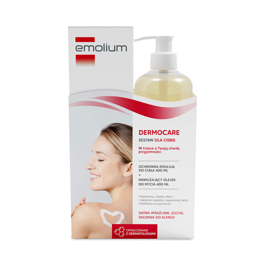 Set Emolium Dermocare, ulei de spălare hidratant, de la 3 luni, 400 ml + emulsie pentru corp, de la 1 zi de viață, 400 ml