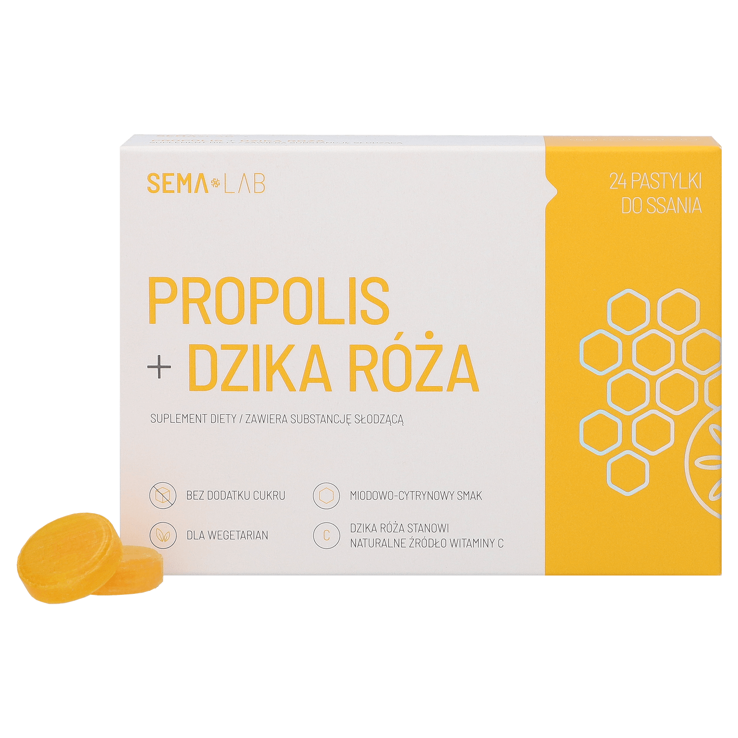 SEMA Lab Propolis + trandafir sălbatic, aromă de miere și lămâie, 24 pastiluțe