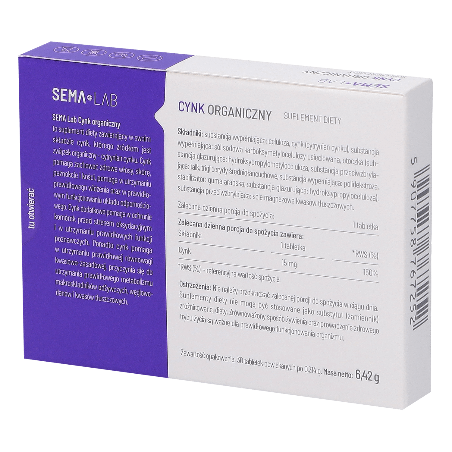 SEMA Lab Organic Zinc, 30 comprimate filmate