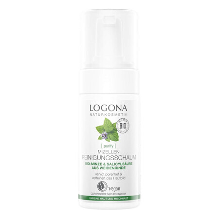 Logona Purify, spumă micelară de curățare cu bio-mint și acid salicilic, ten mixt și impur, 100 ml