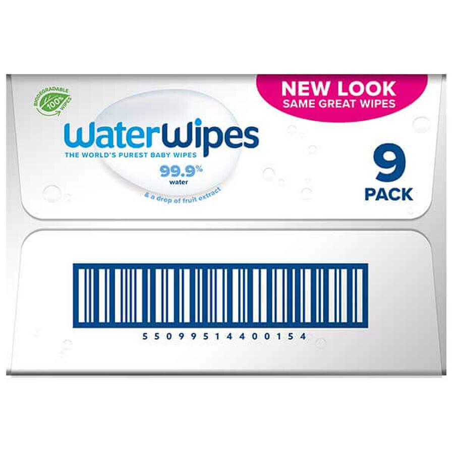 WaterWipes Bio, șervețele umede, apă, de la naștere, 9 x 60 buc