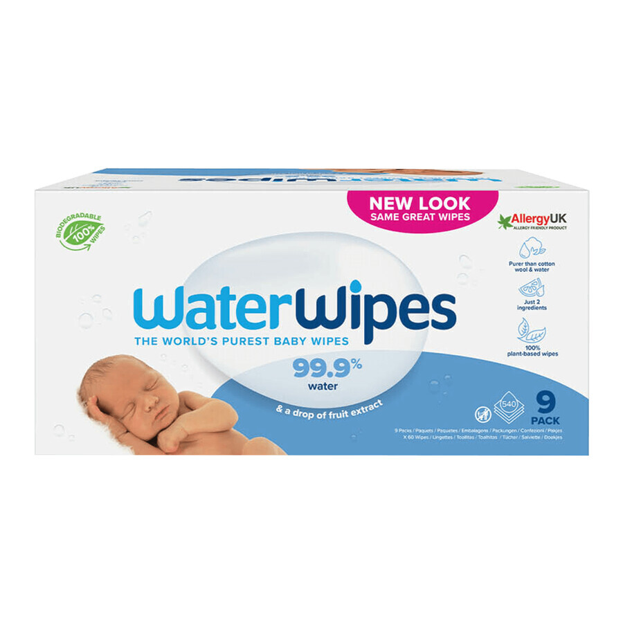 WaterWipes Bio, șervețele umede, apă, de la naștere, 9 x 60 buc