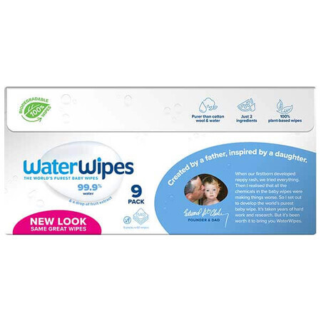 WaterWipes Bio, șervețele umede, apă, de la naștere, 9 x 60 buc