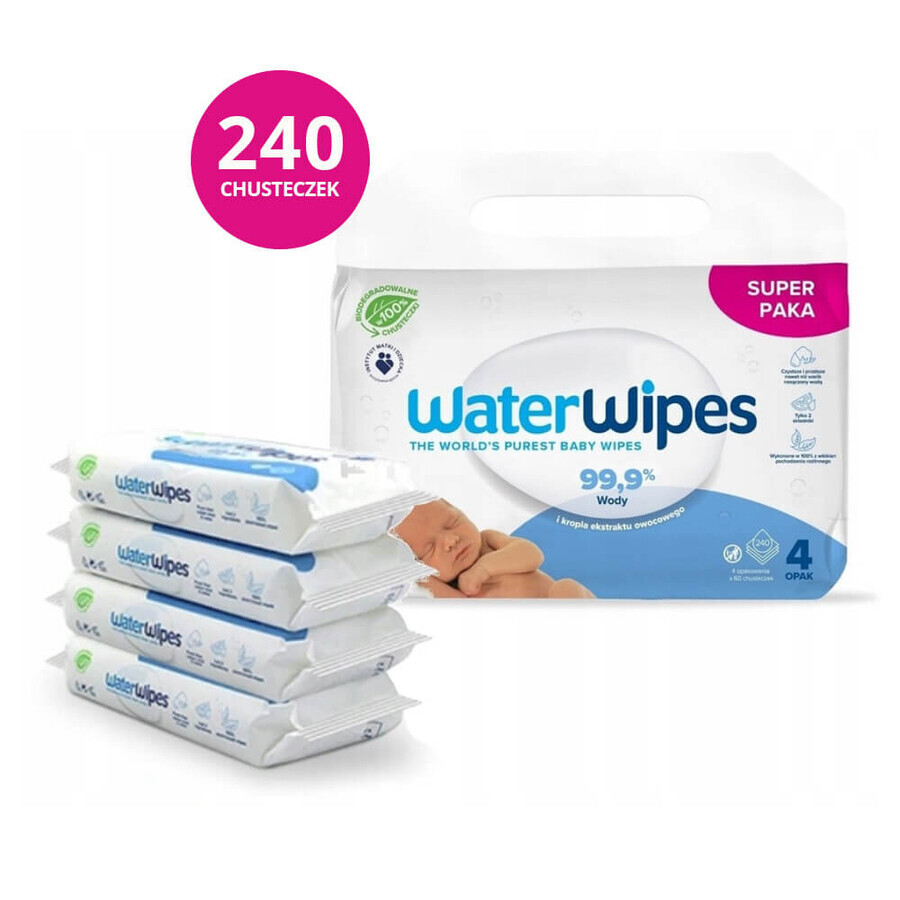 WaterWipes Bio, șervețele umede, apă, de la naștere, 4 x 60 buc