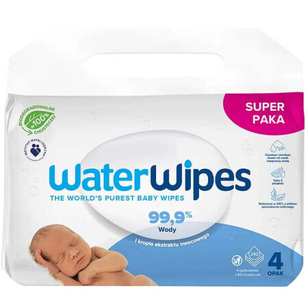 WaterWipes Bio, șervețele umede, apă, de la naștere, 4 x 60 buc