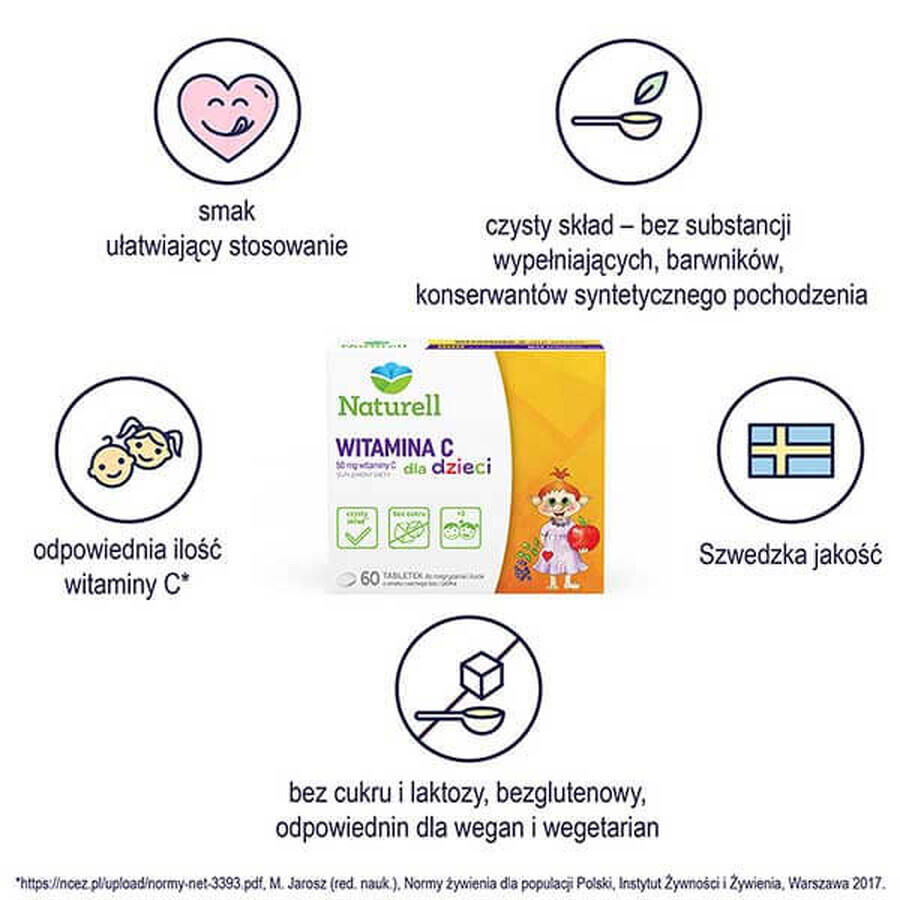 Naturell Vitamin C für Kinder 50 mg, Holunder- und Apfelgeschmack, 60 Kautabletten