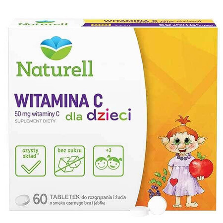 Naturell Vitamin C für Kinder 50 mg, Holunder- und Apfelgeschmack, 60 Kautabletten