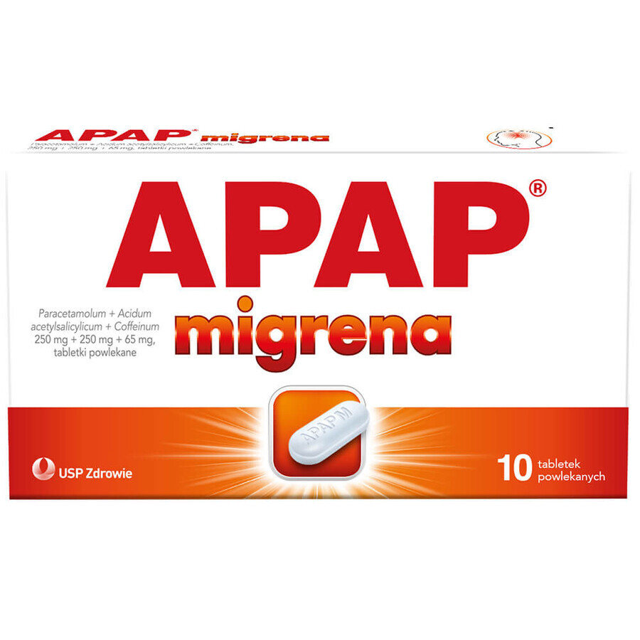 Apap Migrenă 250 mg + 250 mg + 65 mg, 10 comprimate filmate