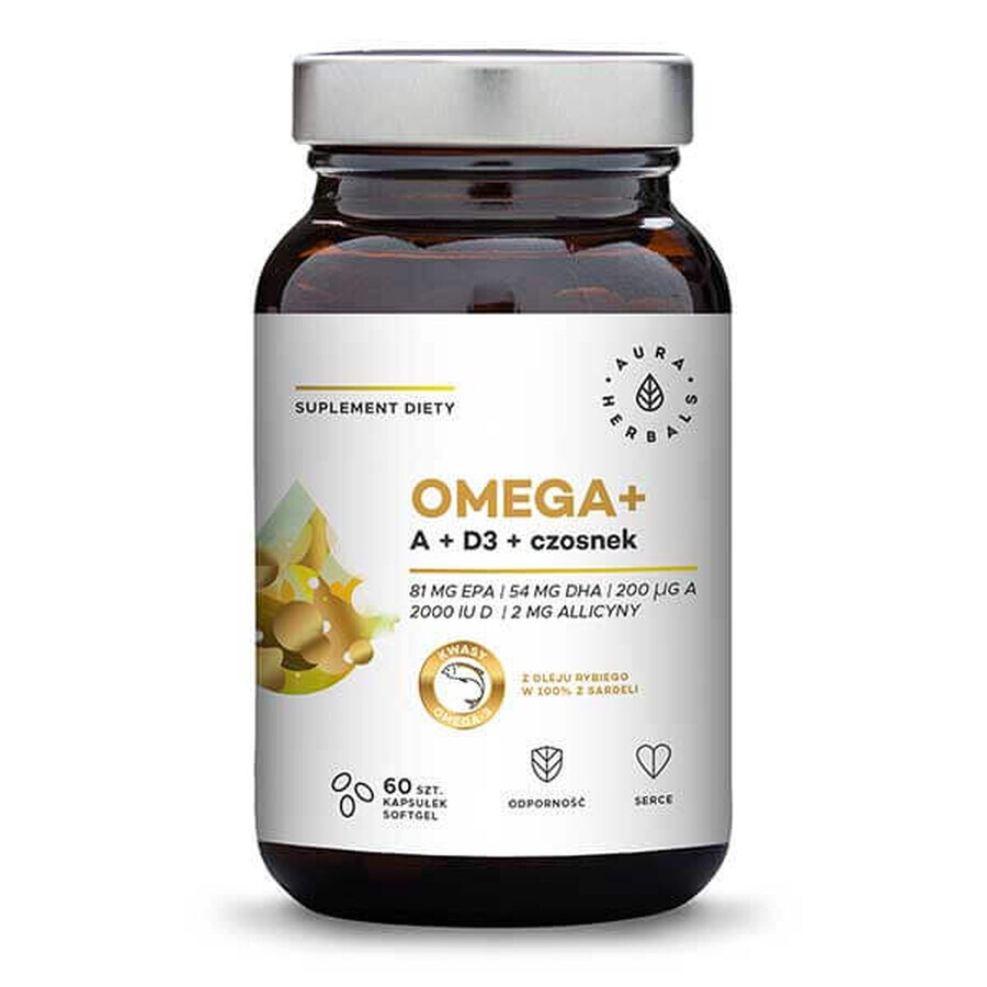 Aura Herbals Omega + Vitamina A + D3 + Ajo, 60 cápsulas