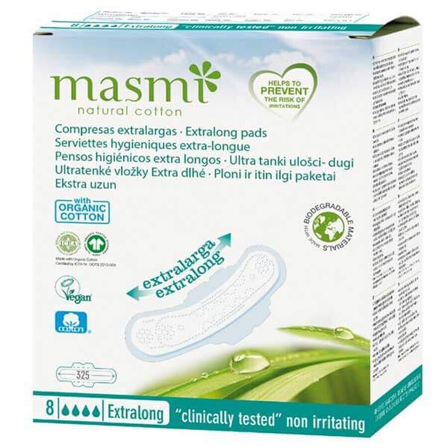 Masmi Natural Cotton, serviettes hygiéniques en coton biologique, avec branchies, extra-longues et ultra-minces, Extralong, 8 pièces