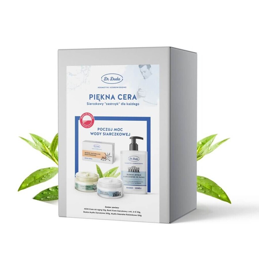 Set Dr Duda Piękna Cera, crema antietà al noni, 50 g + crema allo zolfo busk con vit. A + E, 50 g + sapone allo zolfo busk, 300 g + sapone naturale all'olivello spinoso, 100 g