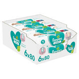 Pampers Sensitive, toallitas húmedas, 6 x 80 piezas