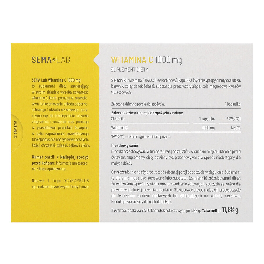 SEMA Lab Vitamina C 1000 mg, 10 capsule din celuloză