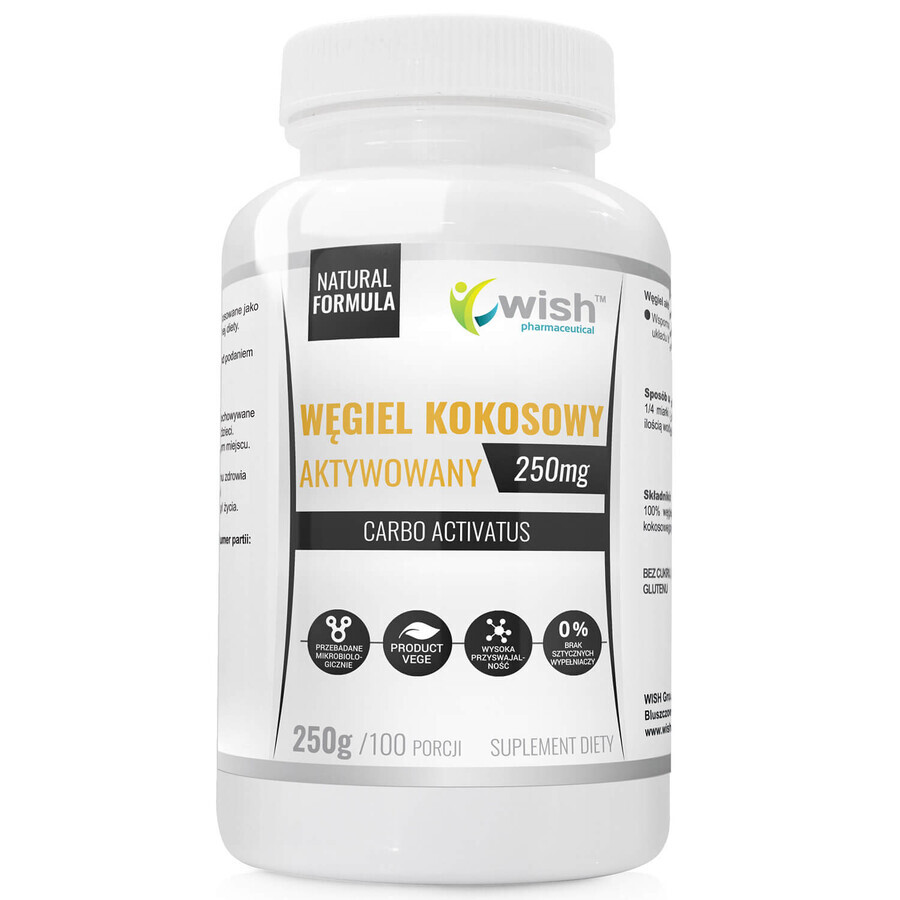 Wish Carbón de coco activado 250 mg, polvo, 250 g