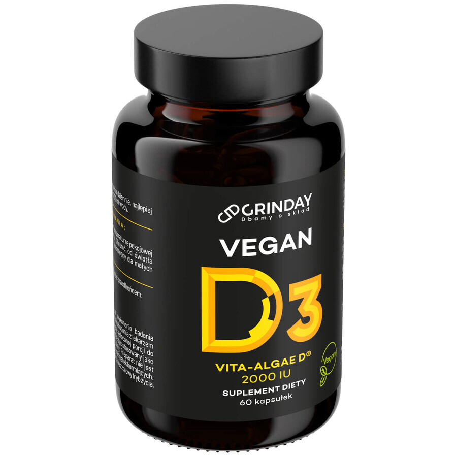 Grinday Vegan D3, vitamine D3 végétalienne 2000 UI, 60 gélules