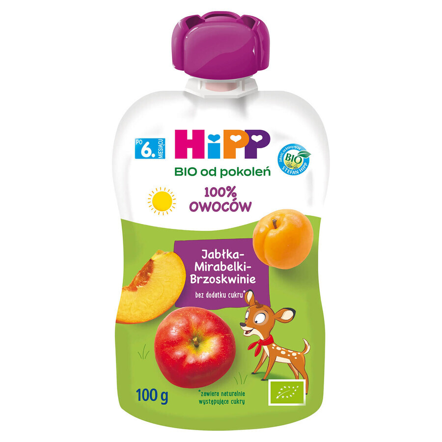 HiPP HiPPiS Bio fruit mousse, apples, peaches, mirabelle, after 6 months, 100 g