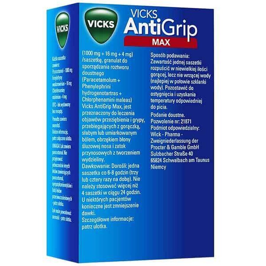 Vicks AntiGrip Max 1000 mg + 16 mg + 4 mg, granulés pour solution orale, 14 sachets