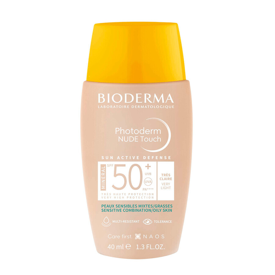 Bioderma Photoderm Nude Touch, fond de teint minéral à effet nude, teinte très claire, SPF 50+, 40 ml