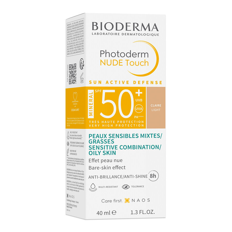 Bioderma Photoderm Nude Touch, fondotinta minerale effetto nudo, tonalità chiara, SPF 50+, 40 ml