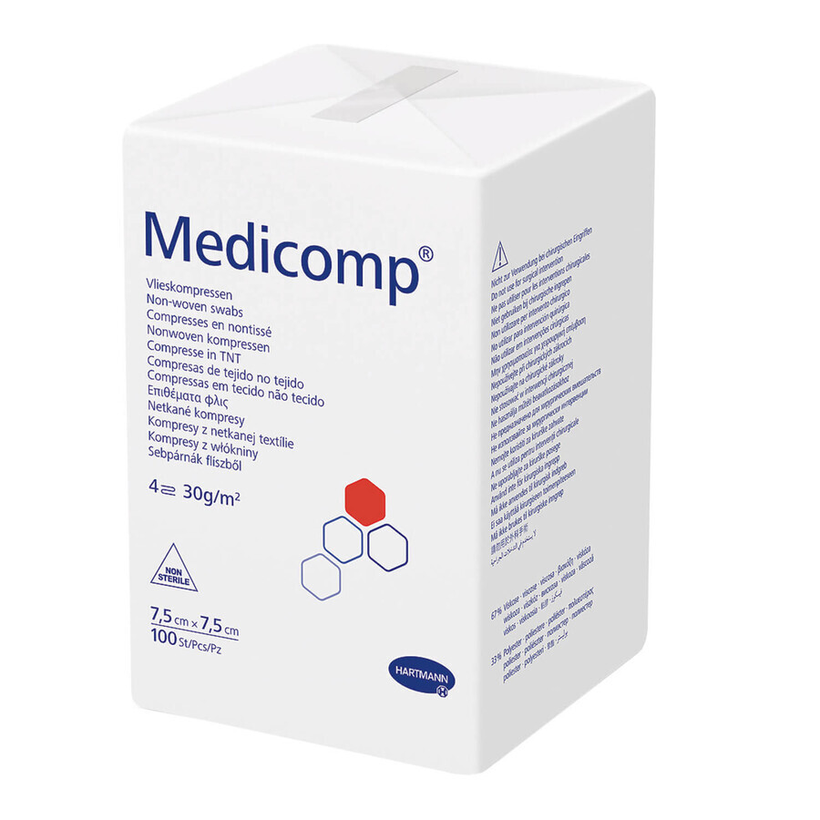 Medicomp, niet-steriele vlieskompressen, 4 lagen, 30 g/m2, 7,5 cm x 7,5 cm, 100 stuks