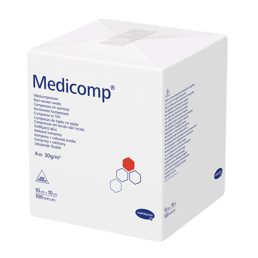 Medicomp, niet-steriele vlieskompressen, 4 lagen, 30 g/m2, 10 cm x 10 cm, 100 stuks