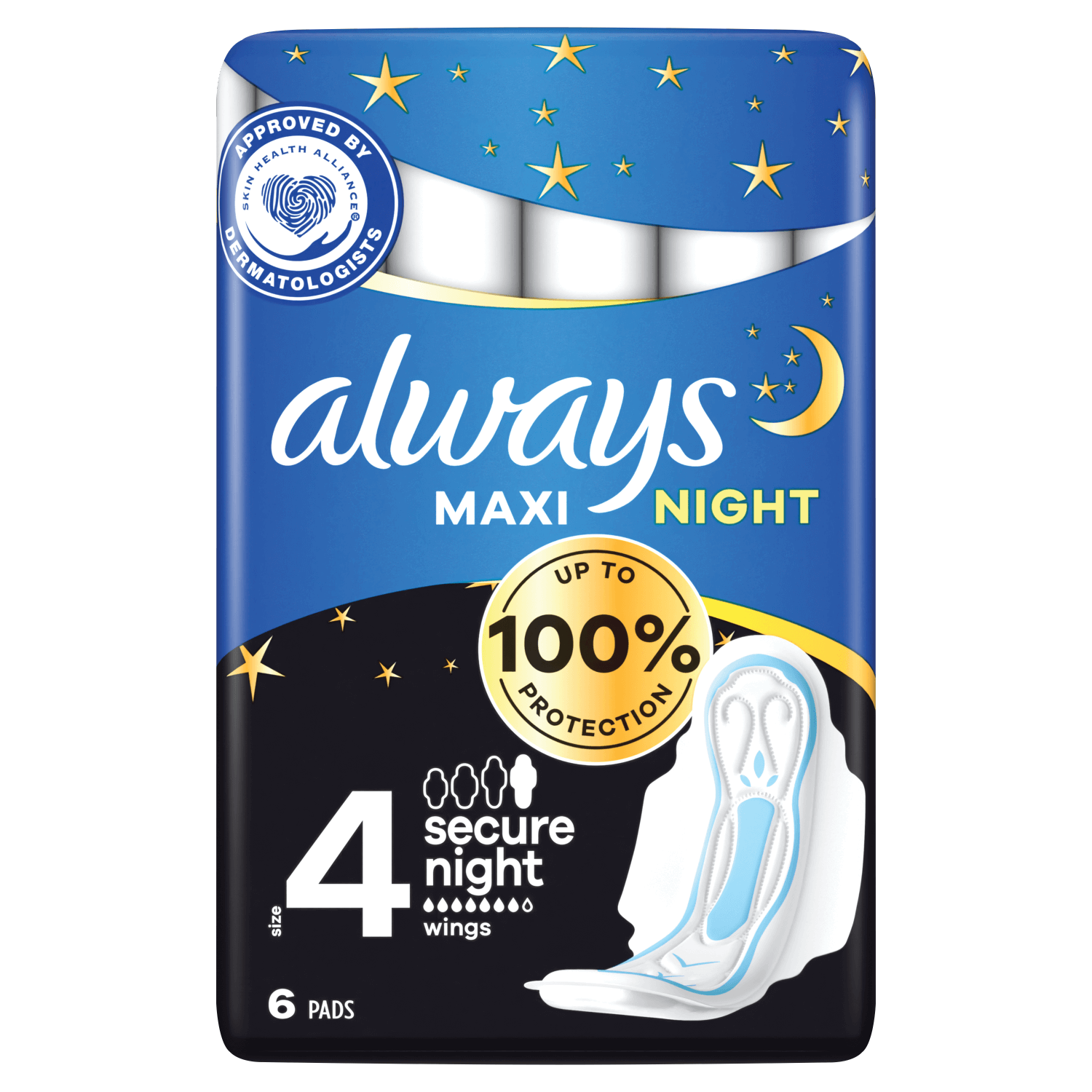 Always Secure Night, prosoape igienice cu aripi, mărimea 4, Maxi, 6 bucăți