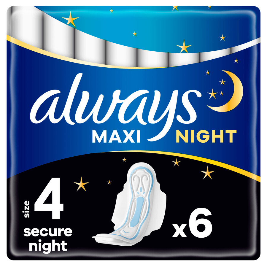 Always Secure Night, compresas higiénicas con alas, talla 4, Maxi, 6 unidades