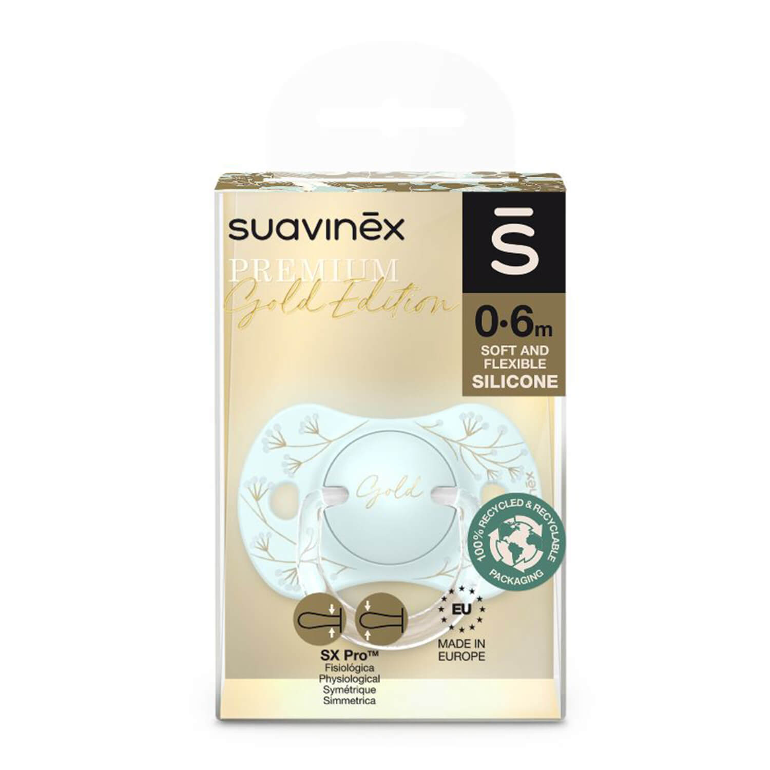 Suavinex SX Pro Gold Edition, suzetă, silicon, fiziologic, albastru, 0-6 luni, 1 buc