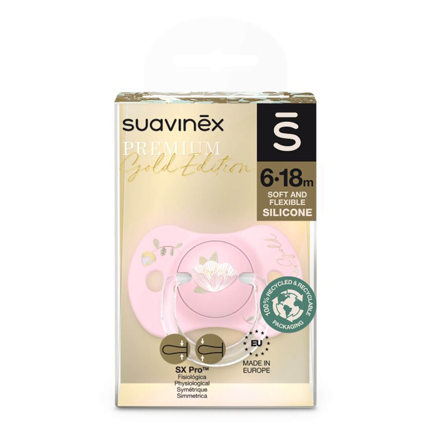 Suavinex SX Pro Gold Edition, suzetă, silicon, fiziologică, roz, 6-18 luni, 1 buc