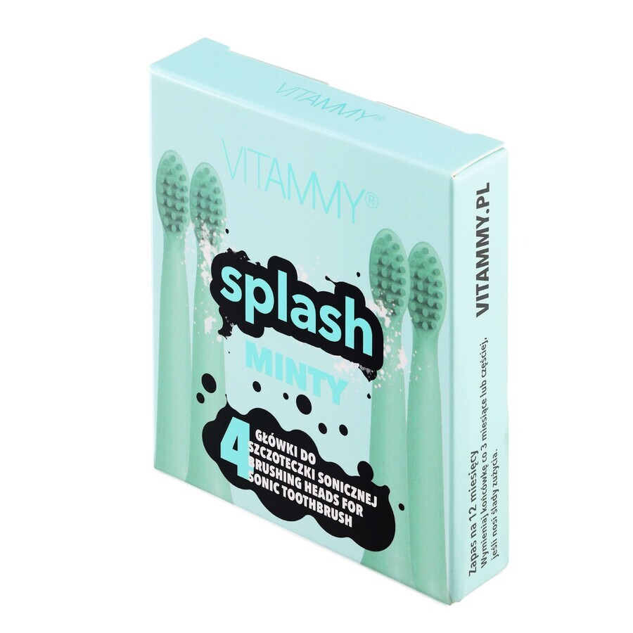 Vitammy Splash, punte per spazzolino sonico per bambini, menta, da 8 anni, 4 pezzi