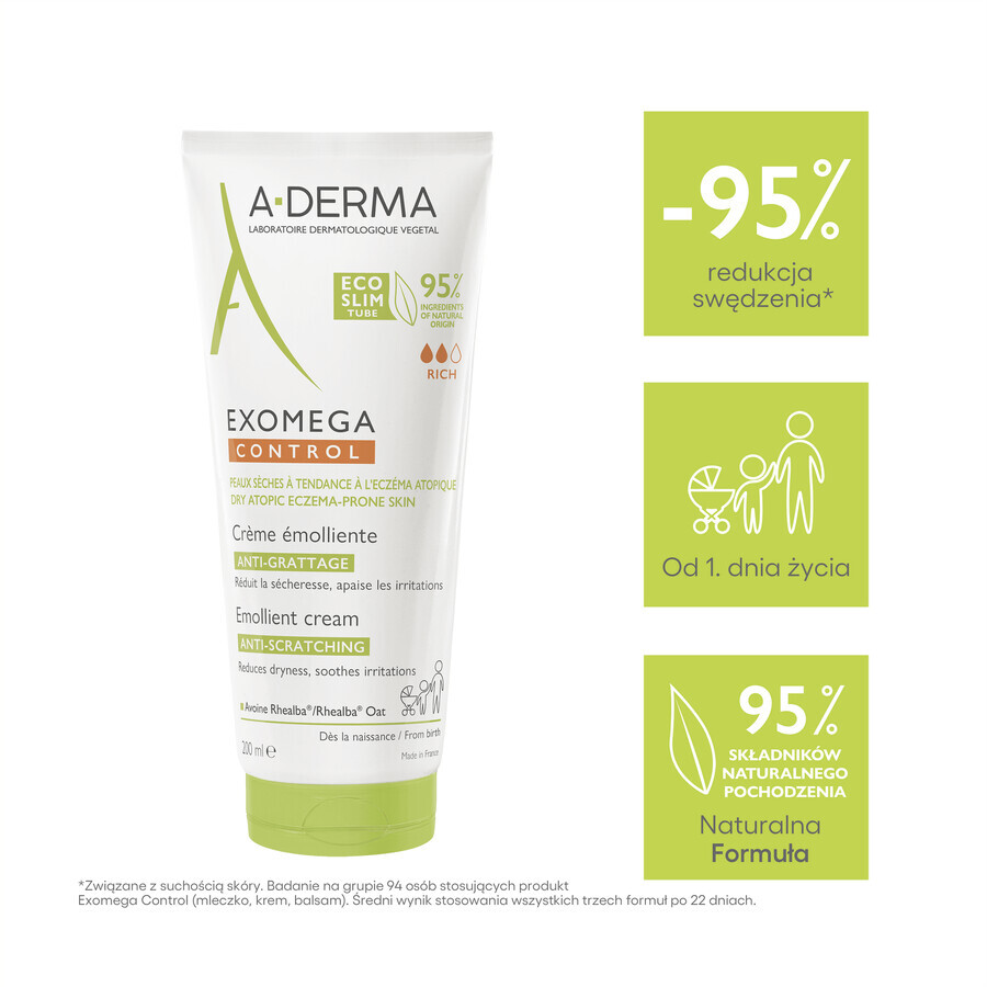 A-Derma Exomega Control, cremă emolientă, piele uscată și cu tendință atopică, din ziua 1, 200 ml