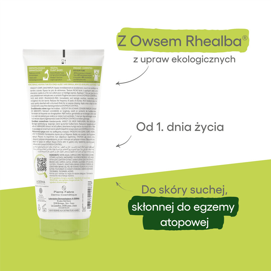 A-Derma Exomega Control, cremă emolientă, piele uscată și cu tendință atopică, din ziua 1, 200 ml