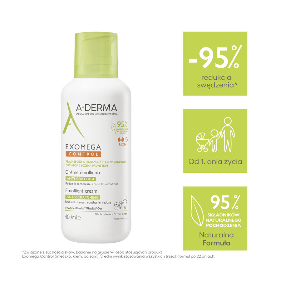 A-Derma Exomega Control, verzachtende crème, droge en atopische huid, vanaf dag 1, 400 ml