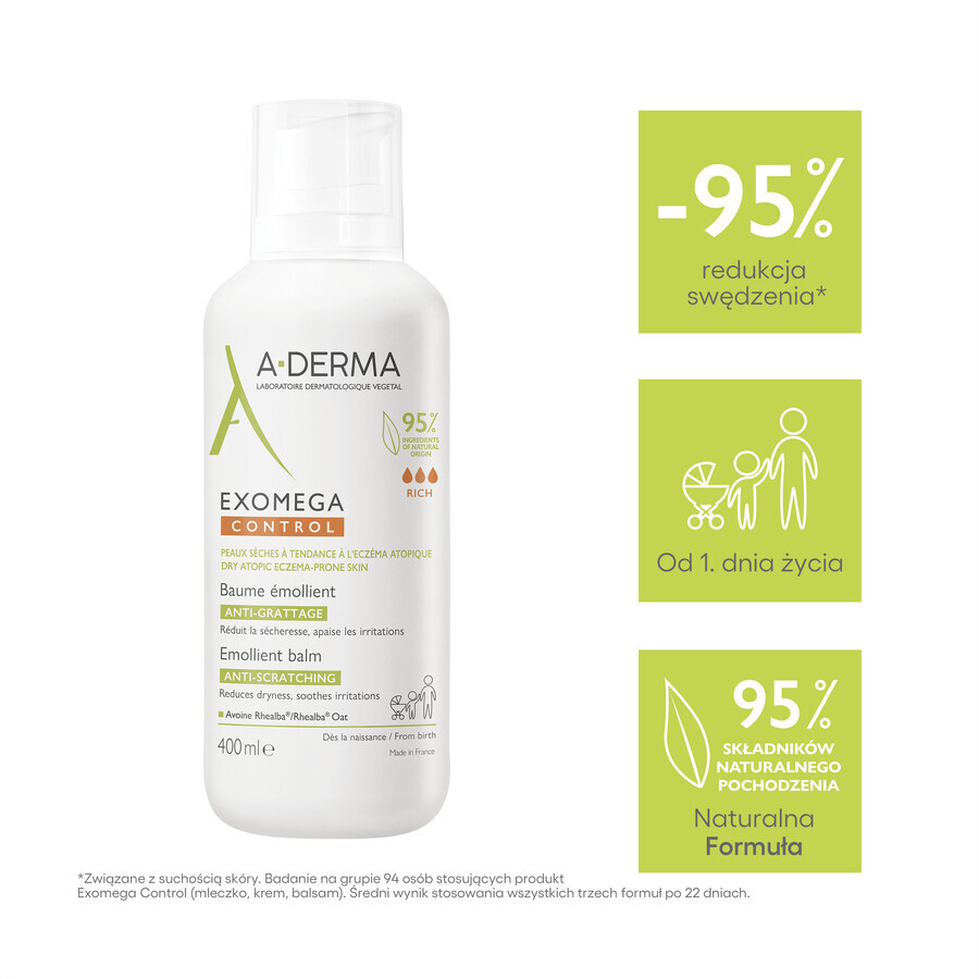 A-Derma Exomega Control, rückfettende Lotion, trockene und zu Schuppen neigende Haut, ab Tag 1, 400 ml